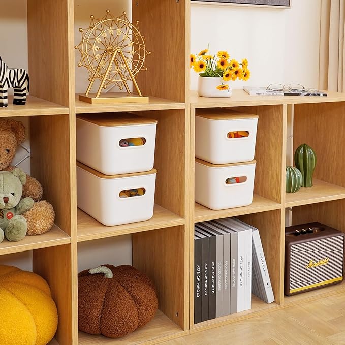 Citylife Storage Bins with Bamboo Lids 7QT Plastic Storage Containers Stackable Organizer Boxes with Handle for Desk Snacks,