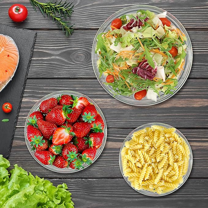 Glass Mixing Bowls with Lids Set of 3(4.4QT,2.7QT,2.1QT),Thick Glass Bowls Clear Salad Bowl Nesting for Baking,Cooking,Serving, Food Prep,Storage,Dishwasher Microwave Freezer Safe