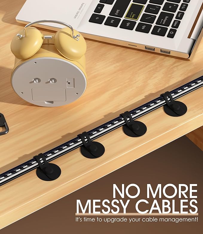 Nearockle Cable Management Under Desk, Adjustable Self-Adhesive Silicone Cable Ties Cord Organizer, Reusable Heavy-Duty Cord Holder Under Table for Office, Home, School (30Pcs-Black)