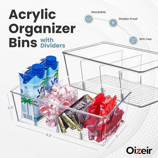 Oizeir Clear Pantry Organizer Bins 4-Pack - Fridge Organizer with 3 Removable Dividers - Kitchen Pantry Organizers & Storage