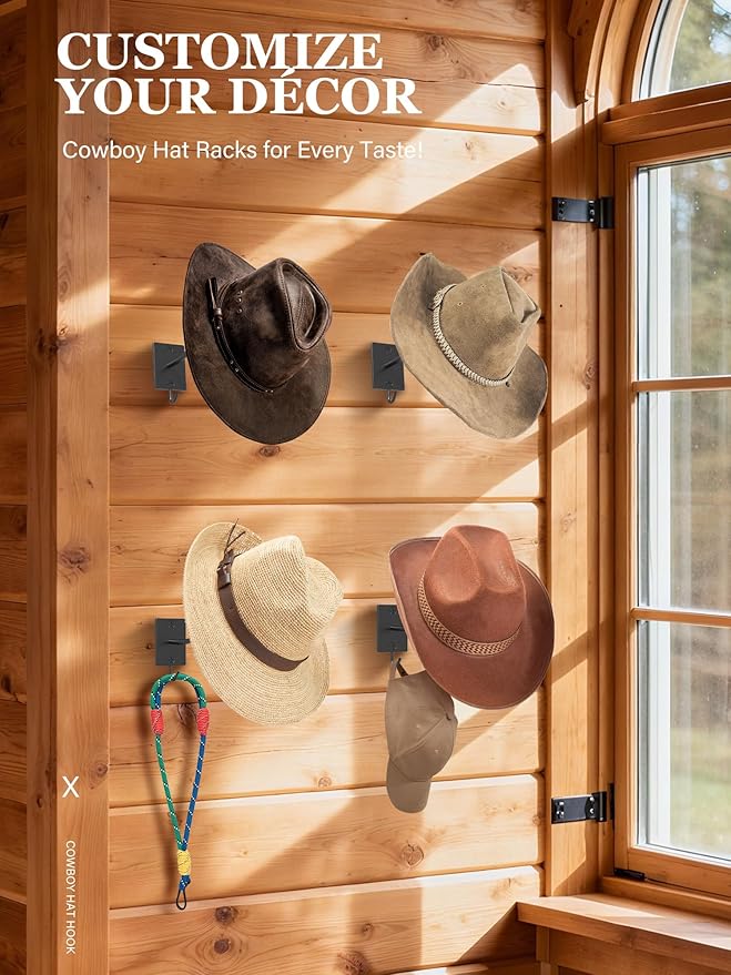 Cinati Cowboy Hat Rack for Wall 4 Pack, Cowboy Hat Holder Wall Mount, Western Rustic Metal Hats Hanger Hooks Organizer for Fe