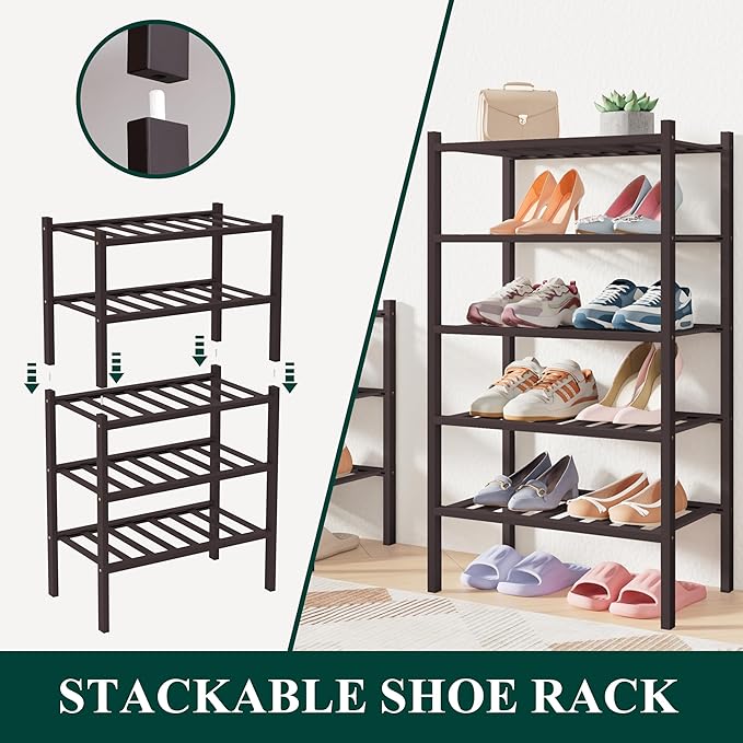 Smiry Bamboo Shoe Rack for Closet, 6 Tier Small Wooden Stackable Shoe Organizer, Free Standing Shoes Storage Shelf for Entryw