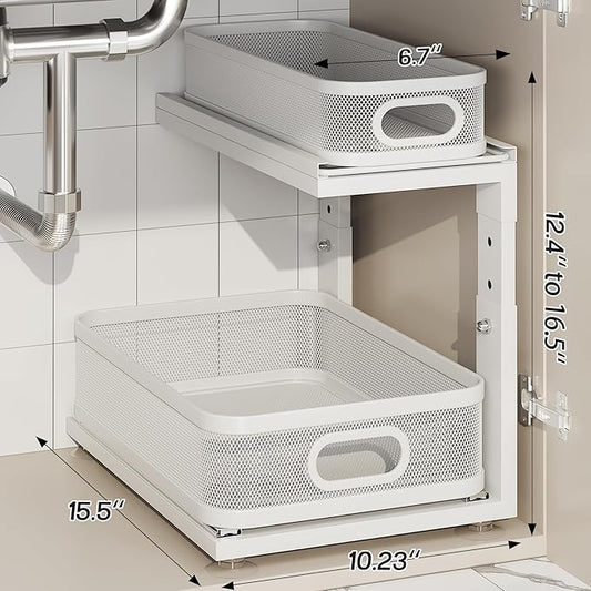 4 Pack Under Sink Organizer With Next-Gen Ball-Bearing Slides,2-Tier Precision Mesh Pull Out Cabinet Drawers Storage for Bath