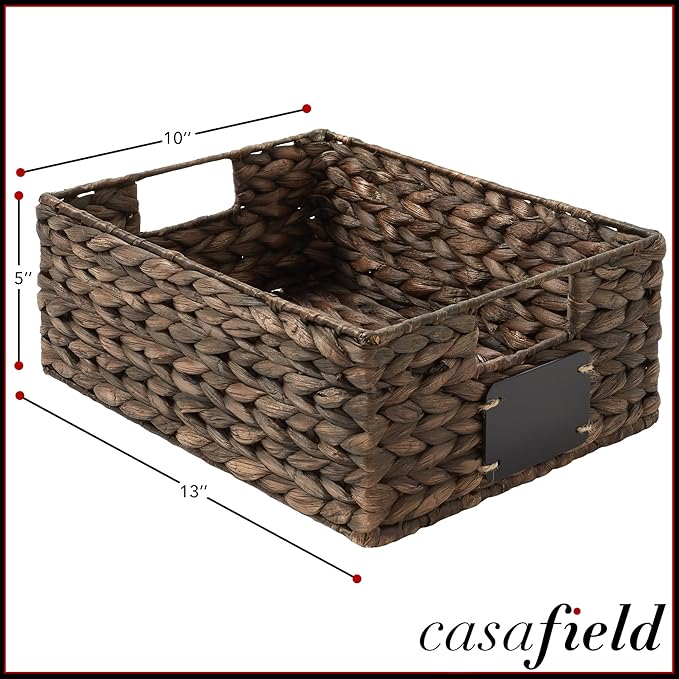Casafield Set of 4 Water Hyacinth Pantry Baskets, 10" x 13" x 5", with Chalkboard Labels and Chalk Marker - Espresso, Woven S
