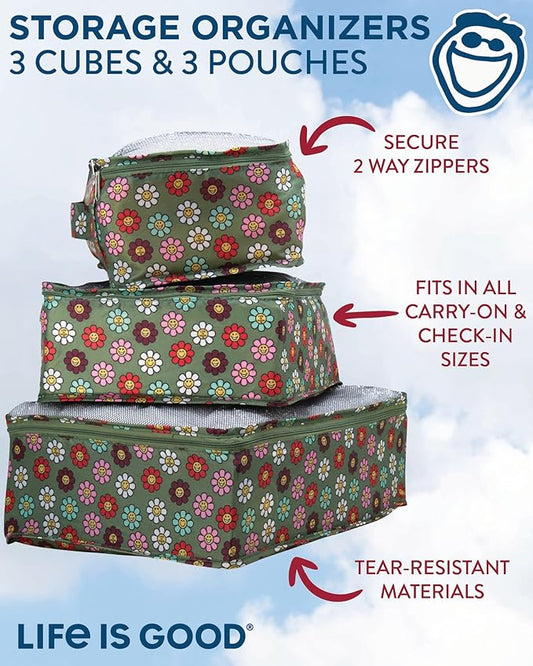 LIFE IS GOOD 6 Piece Packing Cube Set - Tear Resistant Mulifunctional Apparel and Accessory Storage, Happy Daisy