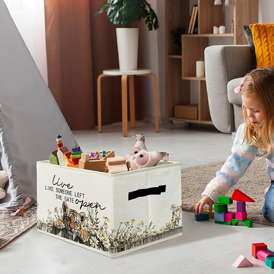 Rustic Tiger Storage Bins & Boxes with Handles, Farmhouse Tiger Foldable Basket for Organizing, Live Like Someone Left the Ga