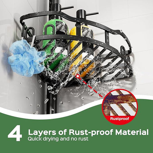 HAMITOR Shower Caddy Tension Pole: Rustproof Quick Install Corner Bathroom Organizer Shelf on Floor for Renters - 4-Tier Larg