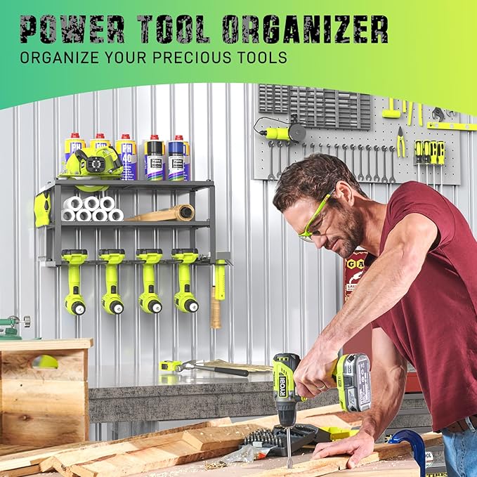 SUNALLY Power Tool Organizer, Heavy Duty Iron, 3 Layers Storage Rack with 4 Drill Holders, Floating Tool Shelf Wall Mounted,