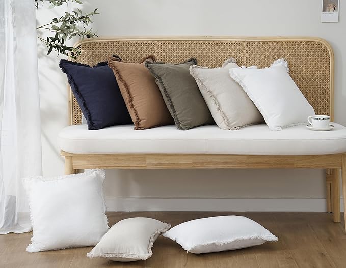 Foindtower Set of 2 Decorative Linen Fringe Lumbar Throw Pillow Covers Boho Farmhouse Cushion Cover with Tassels Cozy Accent