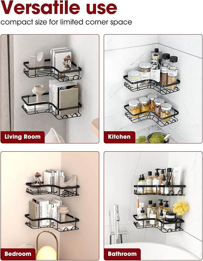 Sakugi Corner Shower Caddy - 2 Pack, Adhesive Shower Organizers, Rustproof Stainless Steel Shower Shelves with 8 Hooks, No Dr