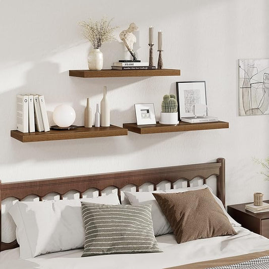 Fun Memories Deep Floating Shelves, 32W x 12D Walnut Wall Shelves, 32 Long Rustic Wood Wide Storage Shelves for Bedroom, Kitc