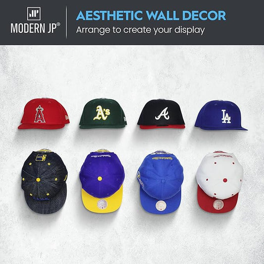 Modern JP Adhesive Hat Hooks for Wall (16-Pack) - Hat Rack for Baseball Caps, Minimalist Hat Display, Strong Hold Hat Hangers