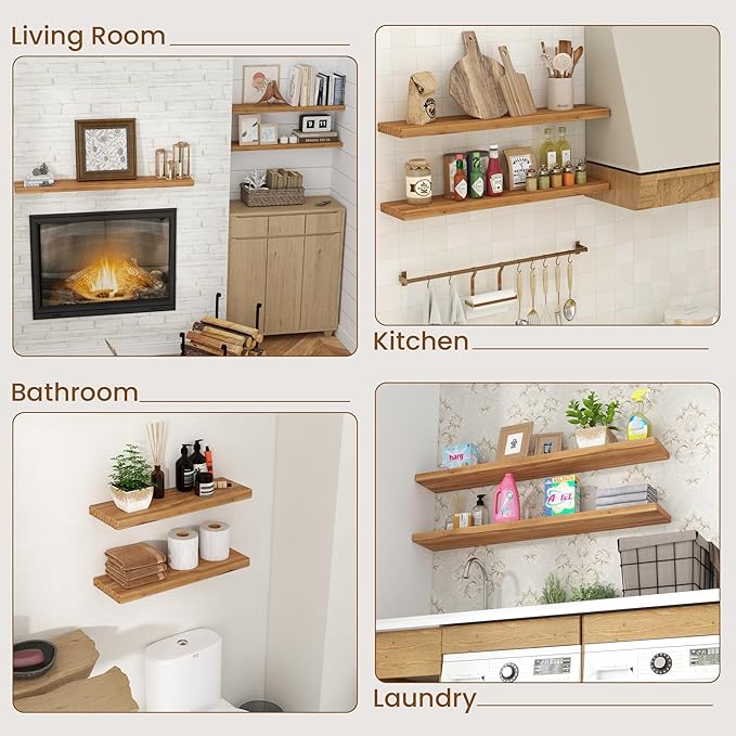 Floating Shelves for Wall, 24"Wx8"D Rustic Solid Elm Wood Floating Shelves Wall Mounted, Round Edge Wall Shelves with Invisib