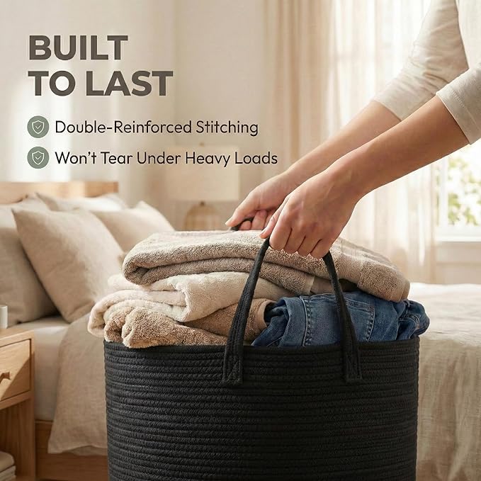 JMvicyroam 115L Extra Large Blanket Basket for Living Room - Woven Cotton Rope Laundry Hamper with Reinforced Handles - Stora