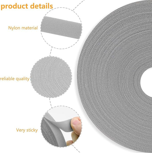 Reusable Fastening Tape Cable Ties 3/4 Inch Double Side Hook Roll (25 Yard, Grey)