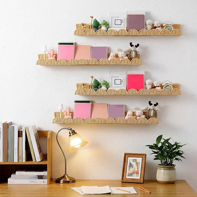 Pinkunn 4 Pcs Nursery Book Shelves 35.4 Inch Rattan Scalloped Floating Bookshelves Wicker Boho Book Shelf for Wall Mounted De