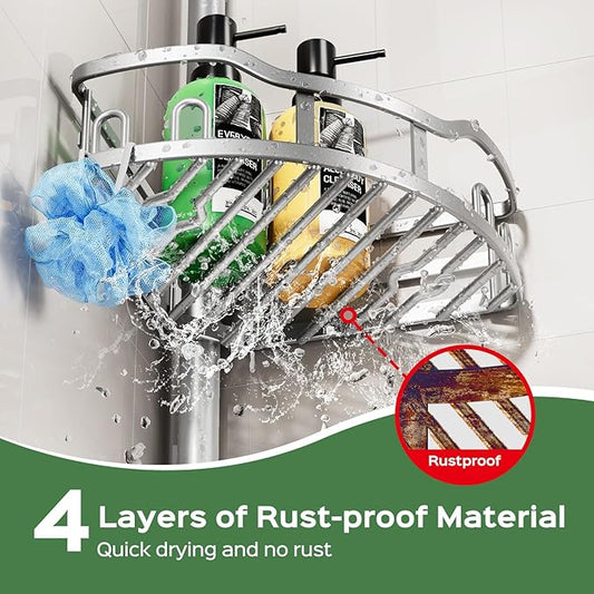 HAMITOR Shower Caddy Tension Pole: Rustproof Quick Install Corner Bathroom Organizer Shelf on Floor for Renters - 4-Tier Larg
