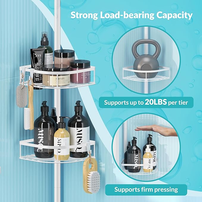 Shower Caddy Tension Pole, 4-Tier Adjustable Corner Shower Standing Caddy, Rustproof Shower Rack for Bathroom Bathtub, with 4