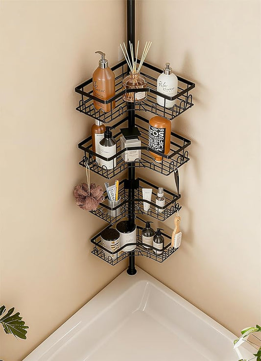 Corner Shower Caddy Tension Pole - 4-Tier Shower Corner Shelf for Bathtub Bathroom Shower Organizer - Adjustable 34in-120in,