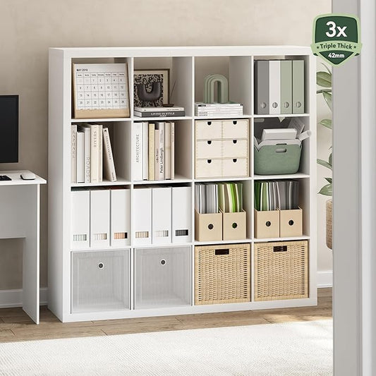 Furinno Cubicle Book Shelf, 16-Cube Bookshelf, Triple Thick Frame Cube Storage Organizer, 1.65" Bookcase, 15.4 x 57.4 x 56.9,