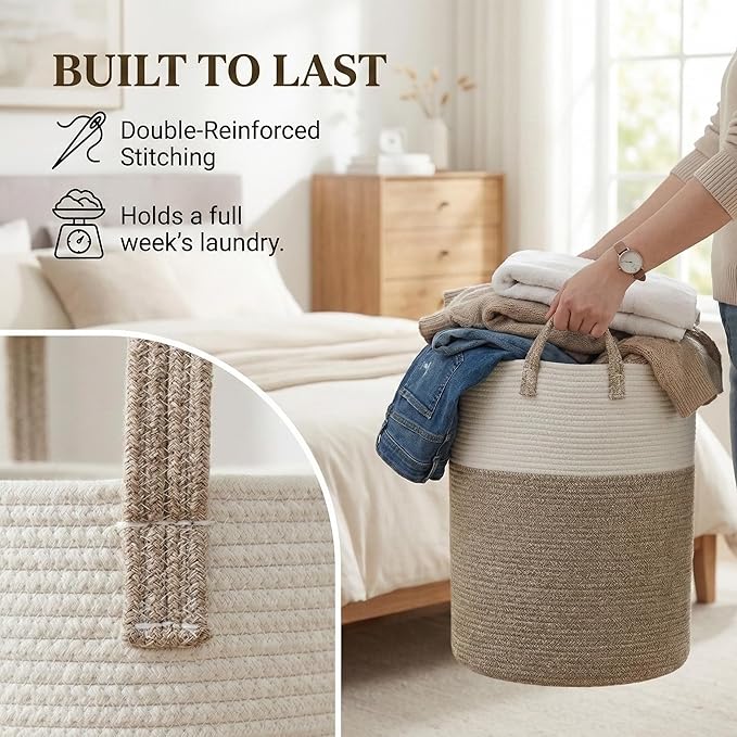 JMvicyroam Large Woven Laundry Basket Hamper,60L Cotton Rope Storage Bin for Blankets,Toys and Clothes,Decorative Tall Nurser