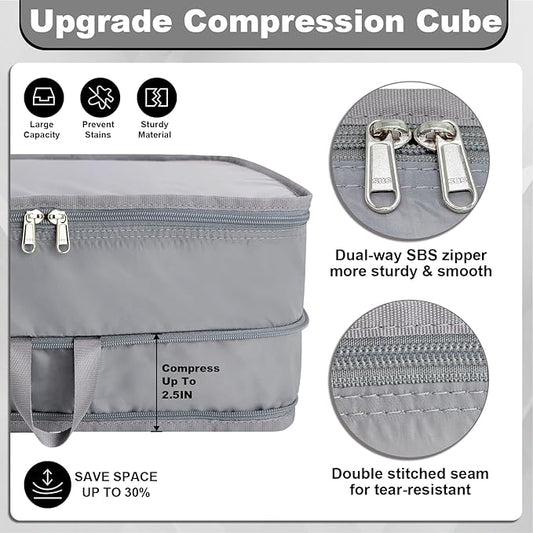 Compression Packing Cubes for Travel Essentials, 2pc Expandable Travel Cubes for Packing Bags Suitcase Organizer, Grey