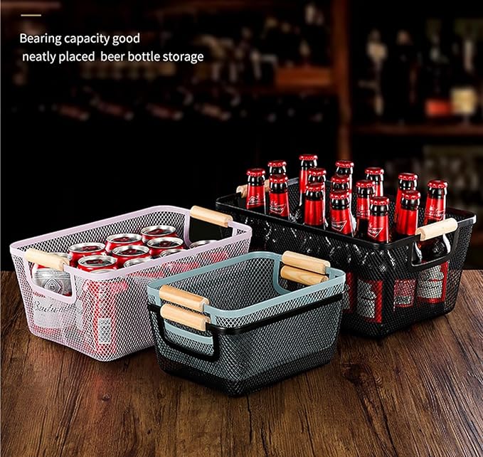 AJIODA Metal Mesh Steel Basket, Large Wire Storage Organizer Basket Multi-function Hanging Kitchen Baskets with Wood Handle f