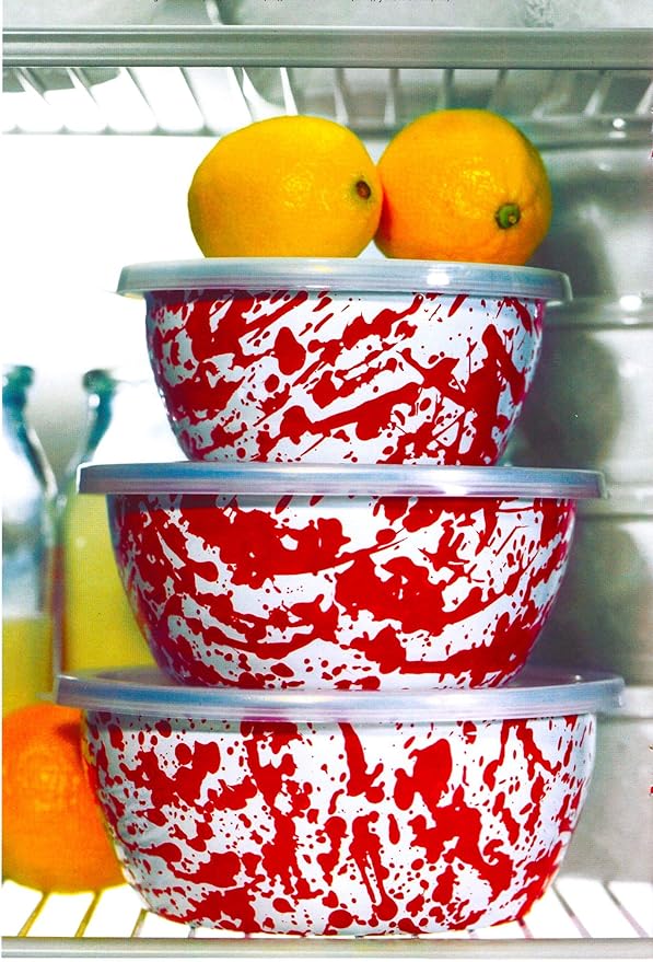 Golden Rabbit Enamelware Nesting Storage Bowls with Lids, Set of 3, Red Swirl