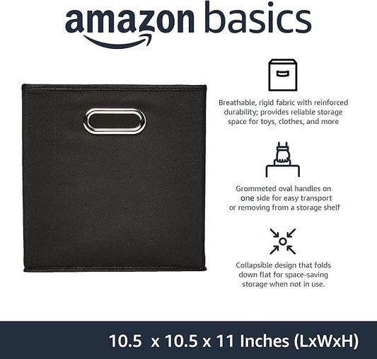Amazon Basics Collapsible Cube Storage Bins, Space-Saving, Organizing Fabric Bins with Handles, 10.5" x 10.5" x 11", Black, 6