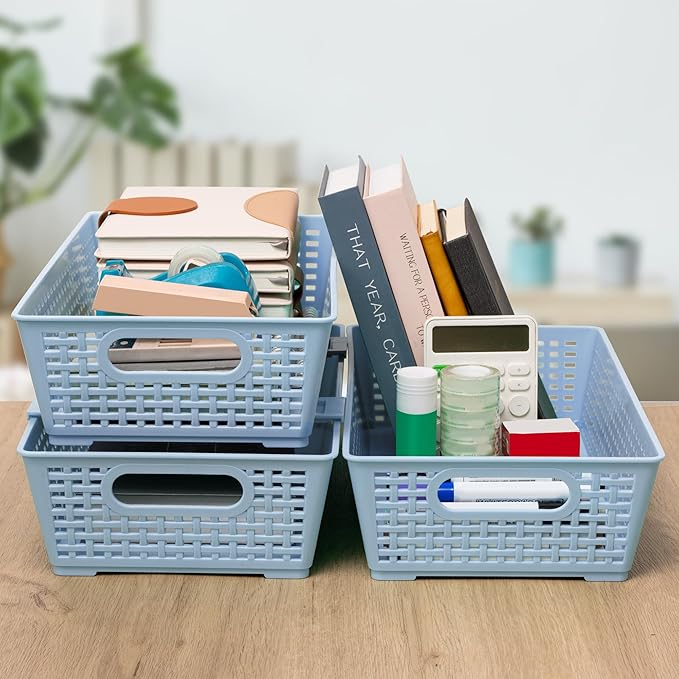 Tiawudi Stackable Woven Plastic Basket, Storage Bins for Cabinet, Closet, Shelf, Under Sink and Countertop, Pantry Organizer