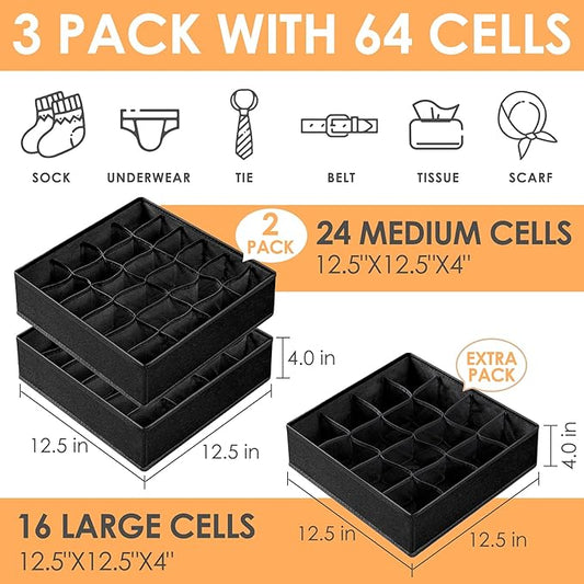 Criusia 3 Pack Sock Underwear Organizer Dividers, 64 Cell Fabric Foldable Cabinet Closet Organizers and Storage Boxes for Sto