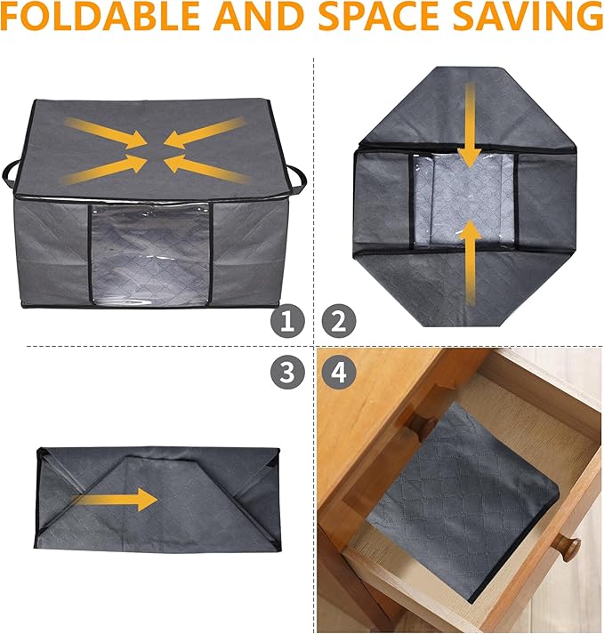 10 Pack Clothes Storage Bags, 90L Large Blanket Storage Bag Comforter Storage Bin with Reinforced Handle and Lid Foldable Clo