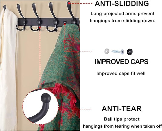 Dseap Coat Rack Wall Mounted - 5 Tri Hooks, Heavy Duty, Stainless Steel, Metal Coat Hook Rail for Coat Hat Towel Purse Robes