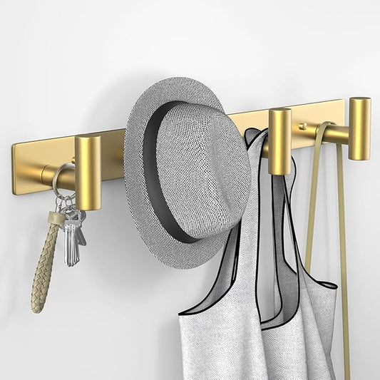VAEHOLD Hat and Coat Wall Mount Rack - Hooks for Robes, Bags, Keys, and Towels - Bathroom Towel Hanger Organizer (Gold, “T“ S