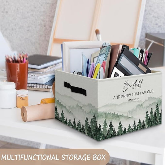 Forest Christian Basket Foldable Storage Bins Box with Handles, Be Still and Know That I Am God Bible Verse Religious Collaps