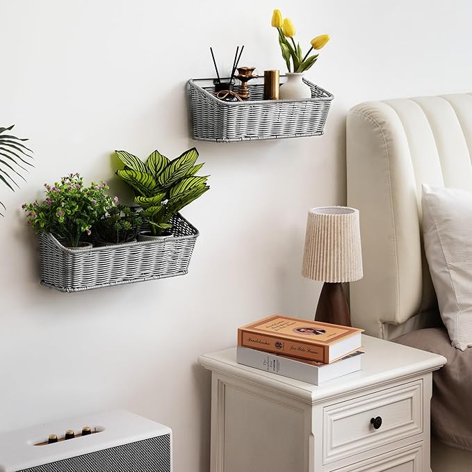 GRANNY SAYS Wicker Hanging Basket, 2 Pack Storage Baskets for Cabinet, Wall Mount Fruit Basket for Kitchen, Adhesive Bathroom