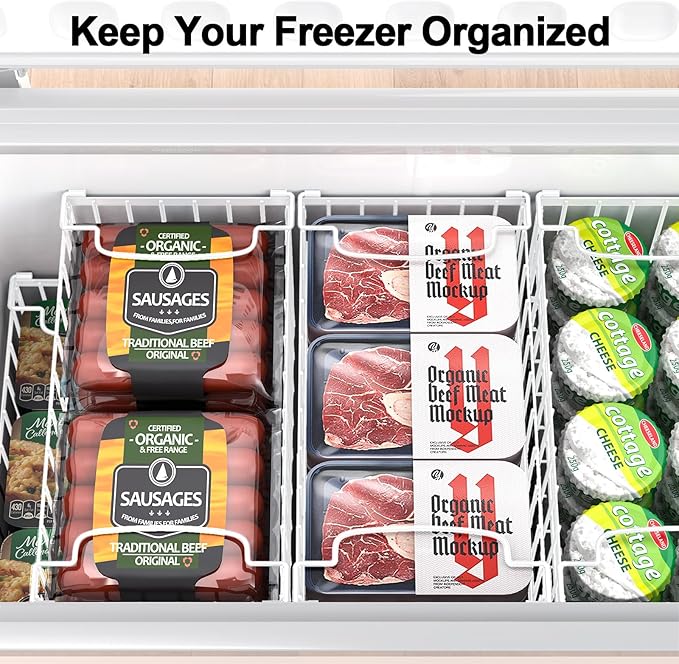 MSERCUOR Freezer Organizer Bins, 4 Pack Stackable Deep Chest Freezer Organizer Bins, Foldable Baskets with Handles, White Sto