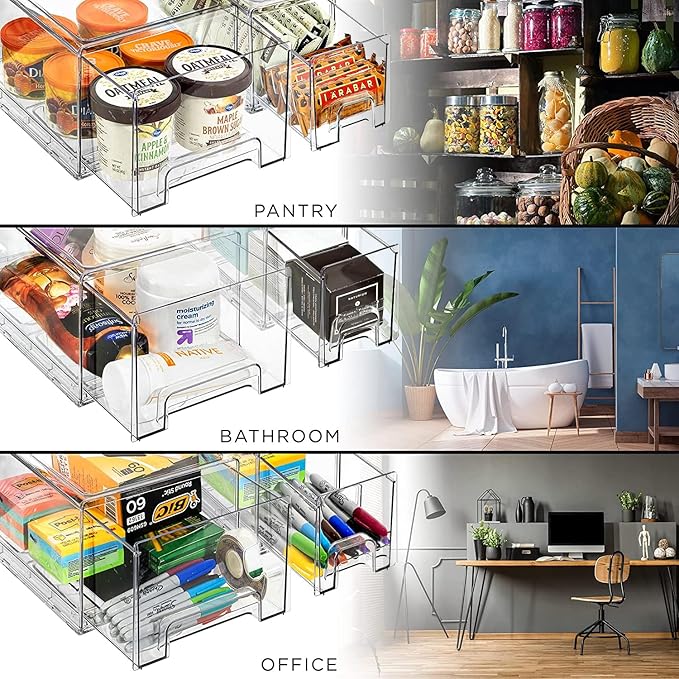 Sorbus Large Clear Stackable Storage Drawers – 2-Pack Plastic Organizer Bins with Handles – Stackable Pull-Out Storage Drawer