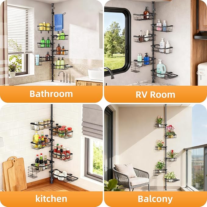 Shower Caddy Corner, 6 Tier Tension Pole Rod Bathroom Organizer Shelves, Adjustable Bathtub Shampoo Stand Rack with Towel Rac