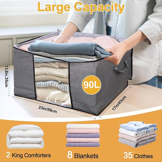 10 Pack Clothes Storage Bags, 90L Large Blanket Storage Bag Comforter Storage Bin with Reinforced Handle and Lid Foldable Clo
