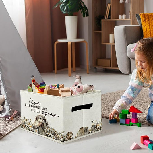 Rustic Hedgehog Storage Bins & Boxes with Handles, Farmhouse Hedgehog Foldable Basket for Organizing, Live Like Someone Left