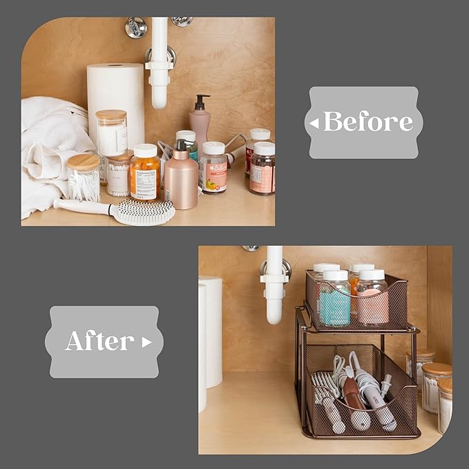 Sorbus 2 Sets of 2 Tier Metal Under Sink Organizer for Bathroom, Kitchen, Strong Steel Mesh Sliding Drawers for Under Sink, U