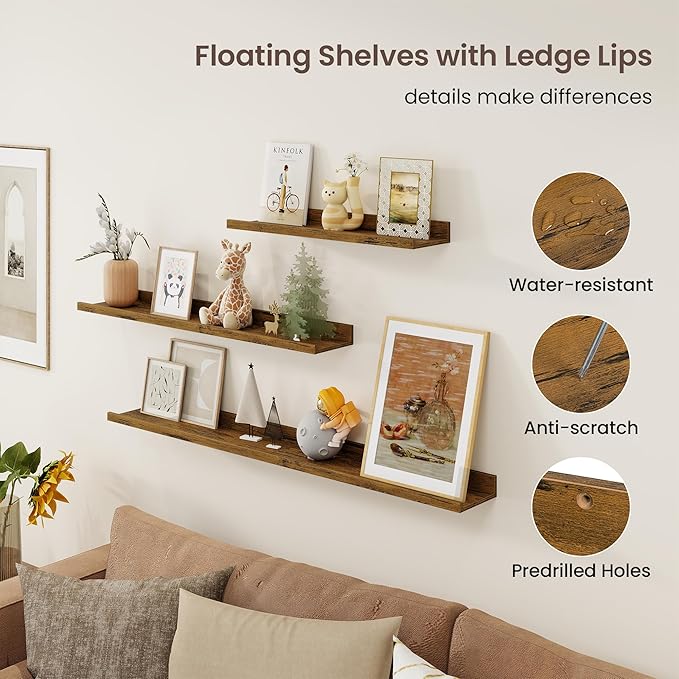 Axeman 40 Inch Floating Shelves | Brown Picture Ledge Shelf Set of 3 | Rustic Brown Wood Wall Shelves with Lip | 40" Picture