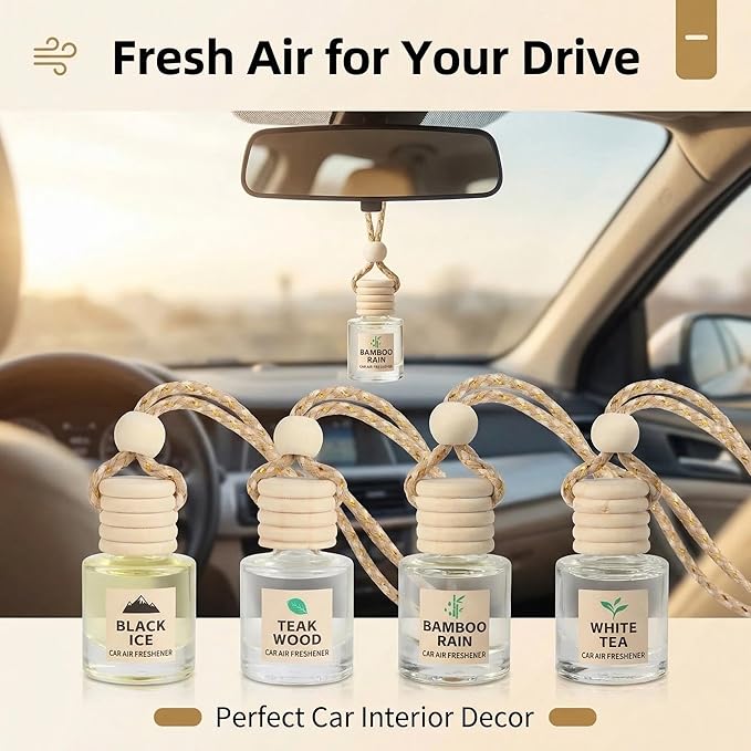 Plant-Powered Car Air Freshener 4-Pack, Essential Oil Hanging Car Diffuser for Rearview Mirror, Long Lasting Odor Eliminator,
