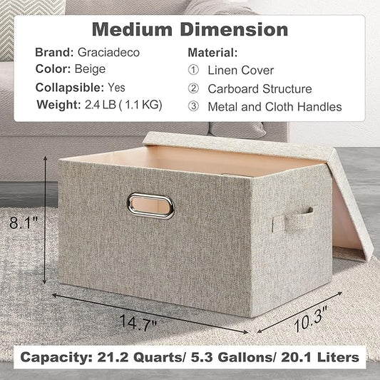 Graciadeco Medium 15" 21 Quart Collapsible Stackable Storage Bins with Lids, 1 Pack Beige Foldable Fabric Closet Storage Boxe