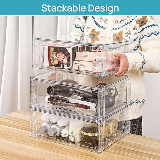 Vtopmart 6 Pack Large Stackable Storage Drawers,Easily Assemble Clear Acrylic Bathroom Closet Undersink Organizers,Plastic St