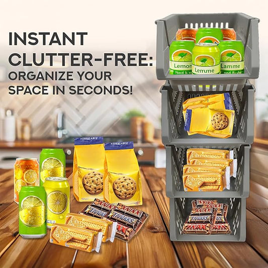 TidyFriend Small Plastic Stackable Storage Bins for Pantry,4 Pack Open Front Storage Bins,Toy Organizers, Kitchen, Bathroom E