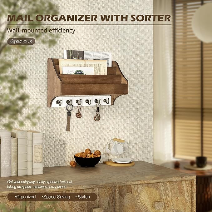 Rebee Vision Pine Wood Key Holder Wall Mount - Farmhouse 3-Tire Mail Holder with 6 Key Hooks for Home Decor- Multifunctional