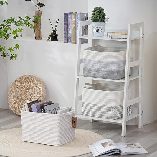 COMFY-HOMI Cotton Rope Woven Basket with Handles for Shelves,Toys,Book, Cloth Storage Baskets Bin for Organizing-13.5"x11"x9.