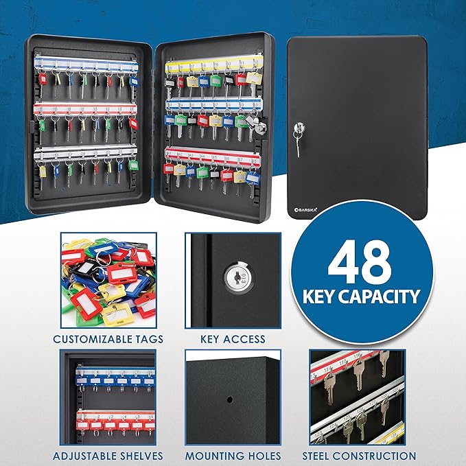 Barska 48-Position Key Cabinet Lock Box β Wall Mount with Key Lock, Adjustable Numbered Hooks & Color-Coded Key Tags for Home